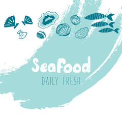 Hand Drawn Doodle Sketch Seafood illustration. Nautical background for seafood or fish restaurants, bars, markets or festivals. Vector template