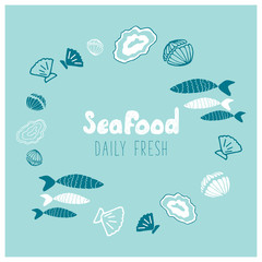 Hand Drawn Doodle Sketch Seafood illustration. Nautical background for seafood or fish restaurants, bars, markets or festivals. Vector template