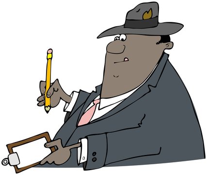 Illustration of a black businessman wearing a suit and hat writing on a clipboard.