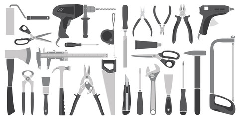 Full set of vector gray working tools for construction and repair.