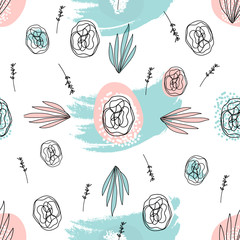 Abstract Hand Drawn Floral doodle seamless pattern. Freehand flowers and leaves on grunge brush texture. Artistic unusual pastel print. Art background for textile, wrapping, wallpaper, invitation,