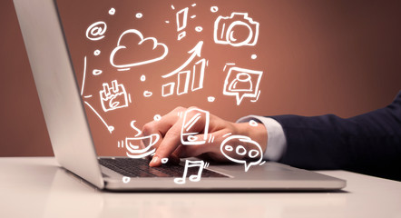 An elegant businessman sitting at desk and pushing the buttons of his laptop keyboard while working on everyday office tasksillustration concept