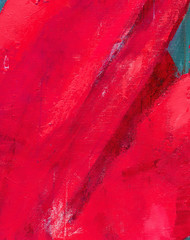 Abstract art background, stylized red curtain, with brush strokes and dripping. Original art, acrylic on canvas, red tones