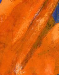 Abstract art background, stylized orange curtain, with brush strokes and dripping. Original art, acrylic on canvas, rusty tones