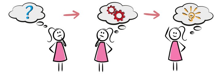 Obraz premium Frau ist überfragt - denkt nach - hat eine Idee