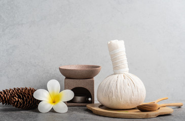 Aromatherapy  product  Spa set massage with concrete  background. top view,flat lay composition.