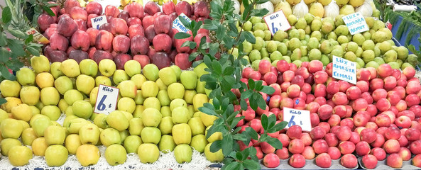 Fruit market with various colorful fresh fruits