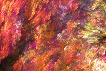 Fotobehang Mix van kleuren Abstracte geschilderde textuur. Chaotische rode, oranje en groene lijnen. Fractale achtergrond. Fantasie digitale kunst. 3D-weergave.