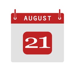 Calendar flat icon 21st of August. Vector illustration.
