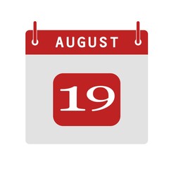 Calendar flat icon 19th of August. Vector illustration.