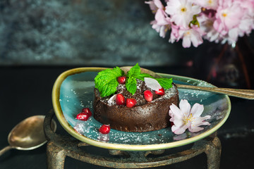 Chocolate pudding garnished with mint and pomegranate
