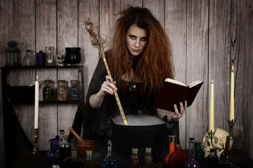 witch in her cottage making a magic potion