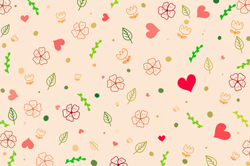 Cute colorful botanicals and heart shape pattern on pastel beige background in abstract concept by doodle art hand drawing illustration can use for wallpaper, kids clothes pattern or other design.