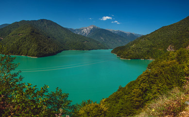 Fototapeta na wymiar Inguri reservoir in Upper Svaneti region, Georgia