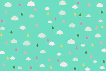 Little white cloud on blue sky background and colorful raindrops. Concept about fresh and happy in raining day use for background, wallpaper, cloths pattern for kids. Hand drawn illustration raster.