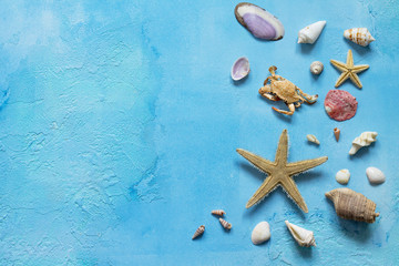 Seashells and starfish border with copy space on a blue concrete or stone background. Sea summer vacation background. Top view flat lay.