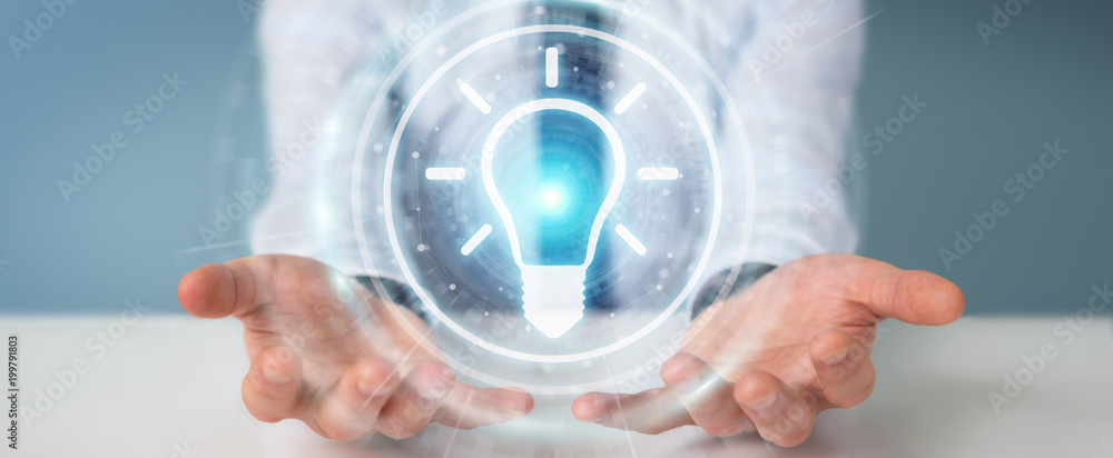 Aufkleber Businessman using lightbulb idea interface 3D rendering