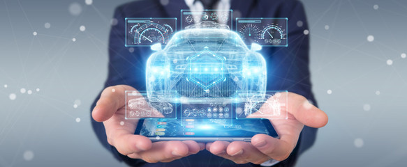 Businessman using modern smart car interface 3D rendering