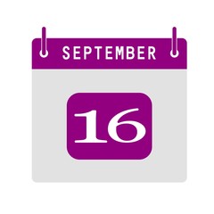 Calendar flat icon 16th of September. Vector illustration.