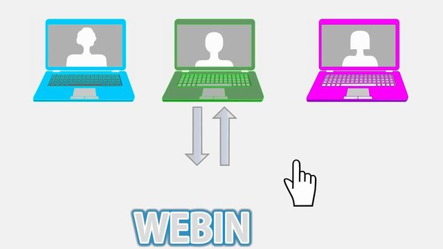 Webinar animated banner with multicolored laptops, arrows, join button and hand cursor, on-line learning, online conference, e-learning intro