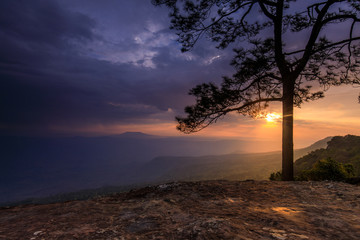 Beautiful sunset on the high mountain in Phu-kra-dueng national park Loei province, Thailand.
