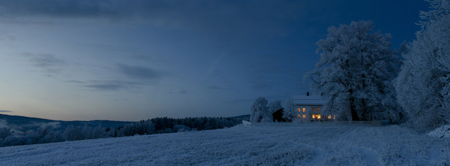 Norwegian farm house early winter evening