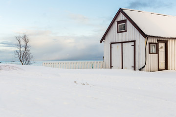 White wooden house in the village of Å on Lofoten, Norway