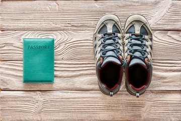 Travel items for hiking flat lay