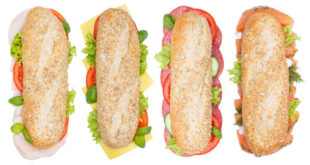 Brötchen Sandwich Vollkorn Baguette belegt mit Käse Salami Schinken Lachs Fisch von oben...