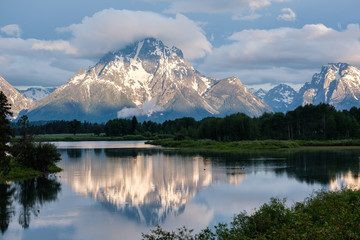 Mountains in Grand Teton National Park at morning. Oxbow Bend on the Snake River.