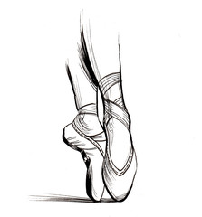 Ink black and white illustration of a ballerina's legs