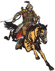 Mongolian archer warrior on a horseback riding a pony horse in the gallop and holding a bow .Medieval time of Genghis Khan . Isolated vector illustration 