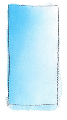 Watercolor gradient fill from Greek blue to white for background. Texture of watercolor paper. A vertical rectangle bounded by a line of drawing charcoal. Background.