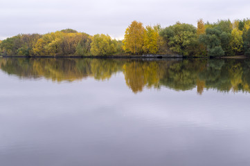 calm river at rainy autumn morning. background, nature.