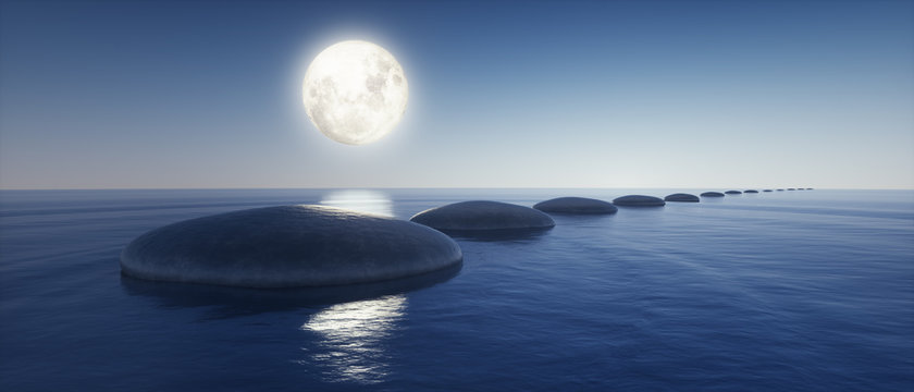 Steine im See bei Mondlicht
