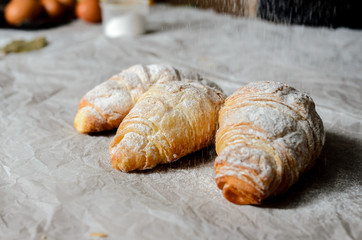 Freshly baked baguette and croissants in rustic setting with copyspace