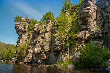 Terrific view of the River Canyon on a sunny day. Buky Canyon on the Hirs'kyi Takich river in Ukraine
