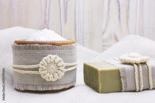 Handmade Natural Organic Olive Oil Soap And Cosmetic Salt On Linen Handmade Natural Organic Olive Oil Soap And Cosmetic Salt On Linen Wooden Background