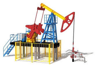 3d illustration. The oil pump. The construction of the tower. Red, blue and yellow. Facade. 3d modeling and 3d rendering.
