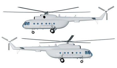3d illustration of Mi helicopter 8. Layout. Light gray helicopter on a white background front view. Side view. Isolated. Illustration for branding. 3d modeling and 3d rendering