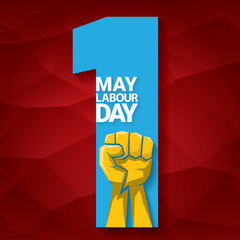 Happy labour day vector label with strong orange fist on red background. labor day background or banner with man hand. may day poster