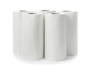 Rolls of paper towels on white background