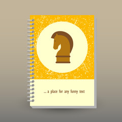 vector cover of diary or notebook with ring spiral binder - format A5 - layout brochure concept - yellow, brown and beige colored with horse chess piece - business strategy icon