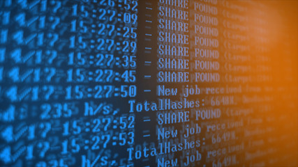 Mining Cryptocurrency process program on display PC. Using Software. Share Found.