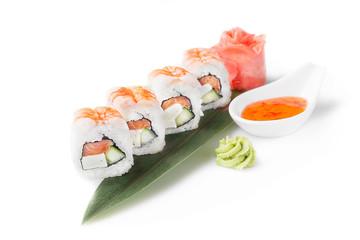 Sushi roll turned on a white background. Sushi Japanese food in a restaurant. Japanese restaurant menu. Isolated on white background. Isolated.