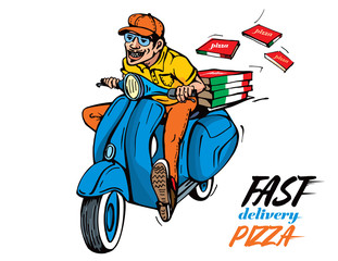 Pizza fast delivery. A motorcycle boy delivers hot pizzas. Man with moped.