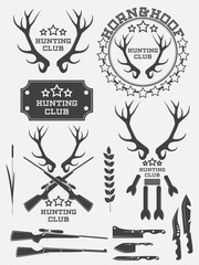 Set of vintage hunting logo, labels and badges. Deer. Horn. Weapon.