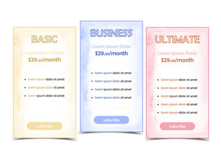 Vector illustration set of pricing plans for websites and applications. Hosting table banner, boxes