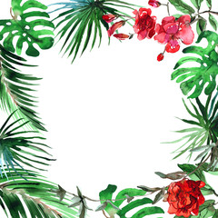 Obraz premium Watercolor hand painted tropical frame with palm leaves, monstera and exotic flowers