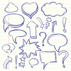 The cloud of thoughts conversation in the comics, exclamation and question marks. Collection sketch drawing.